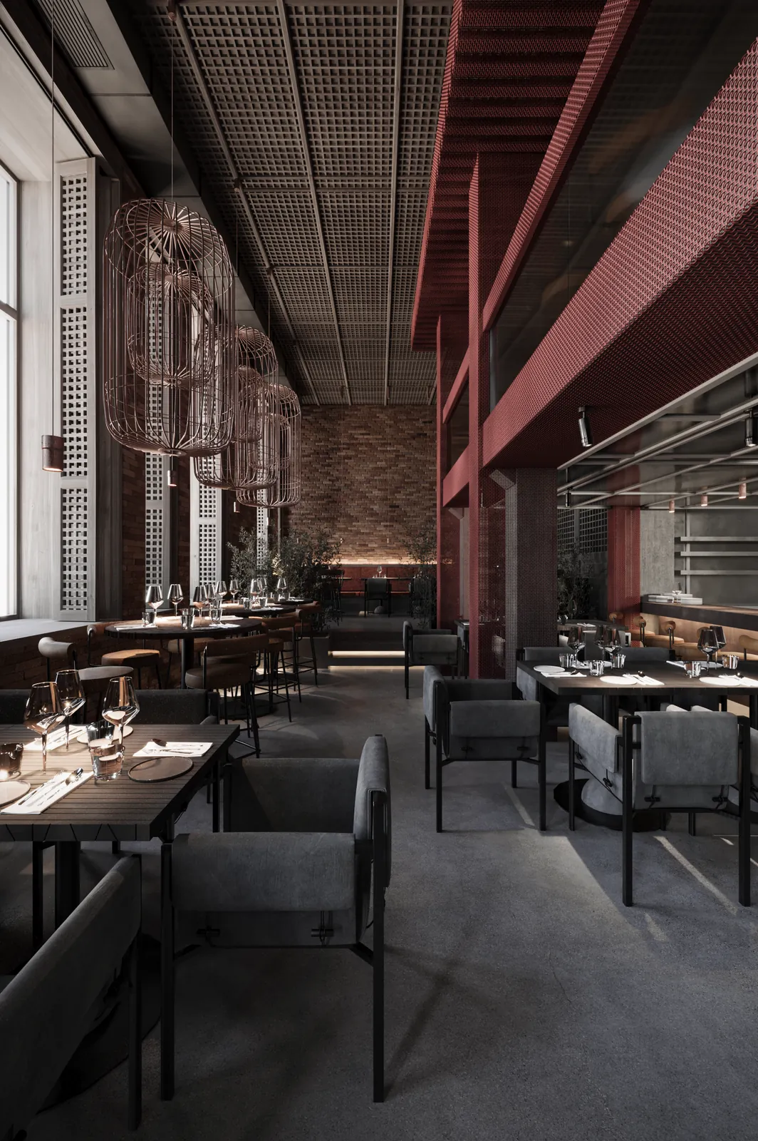 Virgin Izakaya Bar, Odesa — concrete, metal mesh and brick interior visualization